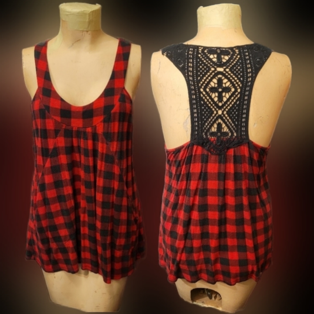 Y2K So Sik red blk Buffalo plaid crochet flowy racer back tank top w pockets XL - Picture 3 of 17
